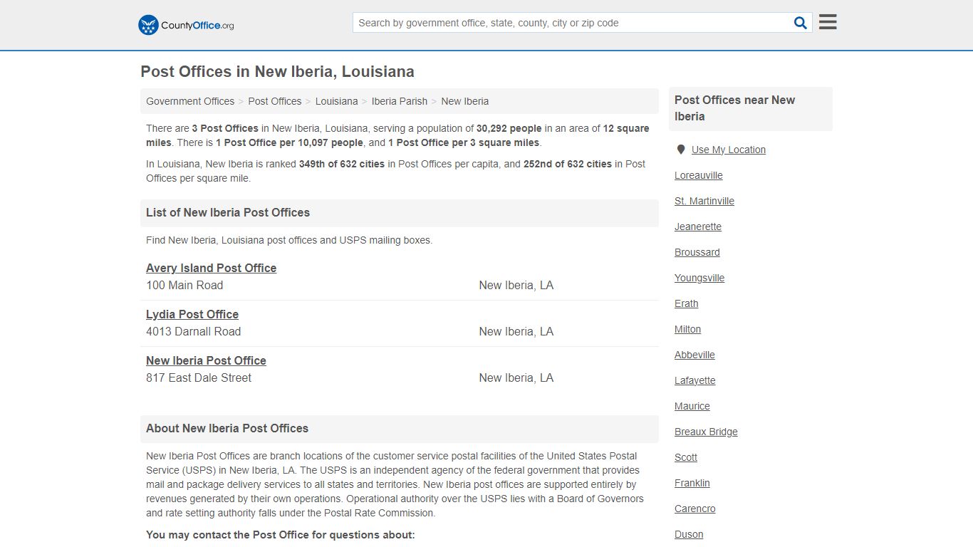 Post Offices - New Iberia, LA (Mail Services & PO Boxes) - County Office