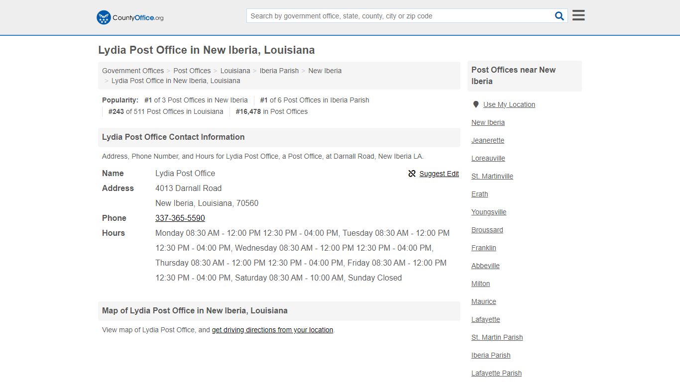 Lydia Post Office - New Iberia, LA (Address, Phone, and Hours)