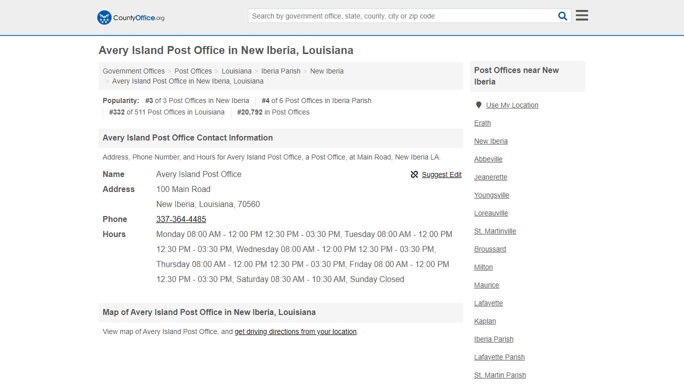 Avery Island Post Office - New Iberia, LA (Address, Phone, and Hours)